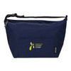A navy blue cooler bag with a zipper, featuring a front pocket and a logo. Made from recycled materials.