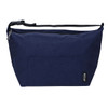 A navy cooler bag with a zippered closure, adjustable strap, and an external pocket. It features a brand logo.