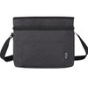 A dark grey double compartment cooler bag with a shoulder strap and a front pocket. It features a logo.