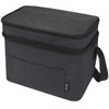 A grey double compartment cooler bag with a zip closure and a side handle. It features a front pocket and has branding.
