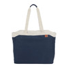 A navy blue and cream tote bag with dual handles and a logo. Spacious design suitable for carrying items.