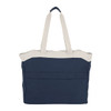 A navy and cream tote bag featuring dual handles and a spacious design, with a branded logo.