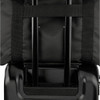 A packable travel duffel bag in black with adjustable straps and a retractable handle. Features a logo.