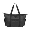 A black duffel bag with long handles and outer side pockets, featuring a zip closure and a branding logo.