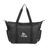 A packable travel duffel bag in black with a logo, featuring sturdy handles and a zip closure.