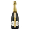 A champagne bottle with a black body and a gold foil neck, featuring a prominent label with a logo.