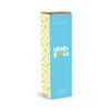 A drink bottle with a light blue design features playful graphics and has a logo. The packaging is brightly coloured.