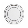 A round, silver magnetic charger with a stand, featuring a smooth surface and a hinged element.