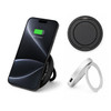 A black and silver wireless charger with a stand, featuring a smartphone displaying a charging status.