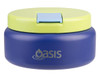 A food flask in navy blue with a light green lid, featuring a logo on the front.