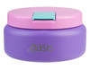 A food flask in purple with a pink lid and blue clasp, featuring a logo.