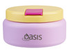 A food flask in purple and yellow with a pink quick release latch and a logo.
