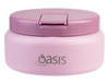 A food flask in light pink with a purple lid, featuring a logo on the side.