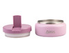 A pink insulated food flask with a quick release lid, featuring a stainless steel interior and a logo.