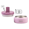 A pink insulated food flask featuring a flip-up cap and stainless steel interior, with a logo visible.