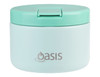 A food flask in a soft mint green colour with a lid and a branding logo on the front.