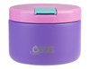 A food flask in purple with a pink lid and a teal quick release latch, featuring a small logo.