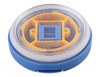 A blue and yellow lid with a clear top, designed for a food flask, featuring a central opening mechanism and branding.