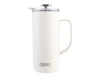 A drink bottle in white with a stainless steel lid and a handle, featuring a logo. 