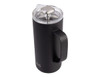 A drink bottle in matte black with a clear lid, featuring a handle and a logo.