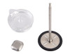 A coffee press assembly featuring a metal rod, a circular base, a lid, and a circular silicone pad.