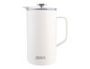A drink bottle in a sleek white design with a clear lid and a stainless steel plunger. It features a logo on the front.