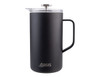 A drink bottle styled as a 1L insulated coffee press in matte black with a clear lid and a handle. It features a logo.