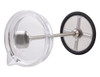 A glass coffee press with a stainless steel plunger and a black rubber base, featuring a sleek design.