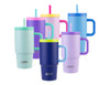 A drink bottle collection featuring various colours including blue, purple, pink, and green, with straws and handles.