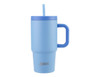 A drink bottle with a light blue body, blue lid, a straw, and a handle. It features a branding logo.