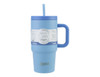 A drink bottle featuring a light blue insulated design, a handle, and a straw. It has a logo on the surface.