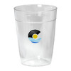 A drink bottle in clear plastic featuring a logo with waves and a sun design.