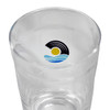 A drink cup made of clear glass, featuring a logo with a sun and waves design in blue and yellow.