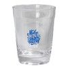 A clear glass carry cup featuring a blue logo and a smooth design, ideal for drinkware.