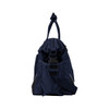 A navy blue bag with a top handle, adjustable strap, and zippered compartments, featuring a logo.
