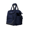 A navy blue bag with multiple compartments, short handles, and a shoulder strap. It features branding on the front.