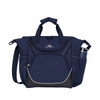 A navy cooler bag with multiple compartments, handles, a shoulder strap, and a drink bottle holder. It features a logo.