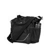 A black cooler bag with a shoulder strap, featuring pockets and a silver logo, holds a drink bottle on the side.