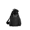 A black cooler bag featuring a drink bottle in a side pocket, with an adjustable strap and a logo.