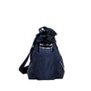 A navy bag with a large drink bottle visible in the front pocket. The bag features a logo and includes an adjustable strap.