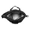 A black cooler bag with a spacious interior and zipped opening, featuring carrying handles and a logo.