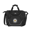 A black cooler bag with multiple compartments and a drink bottle holder, featuring a logo on the front.