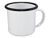 A white enamel espresso mug with a black rim and a sturdy handle, measuring 125ml and 6cm in height.