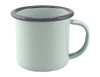 A mint green espresso mug with a dark rim and handle, featuring a smooth enamel finish and a branding logo.