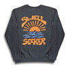 A grey unisex sweatshirt featuring a vibrant orange and blue puff print graphic of a sun, waves, and text.