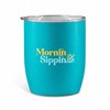 A turquoise coffee cup with a clear lid, featuring a logo. The design is sleek and modern.