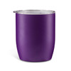A purple insulated coffee cup with a clear lid, featuring a smooth, matte finish and a rounded design.