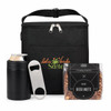 A black cooler bag with a drink bottle, a bottle opener, and a pack of roasted beer nuts.