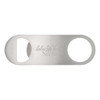 A stainless steel bottle opener with a smooth finish and a circular hole for grip, featuring a logo.