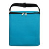 A turquoise insulated bag with a zip closure and a black carry strap. It features a front pocket.